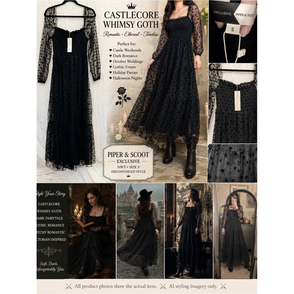 NWT Piper & Scoot Exclusive Black Flocked Dot Maxi Dress Romantic WhimsyGoth S